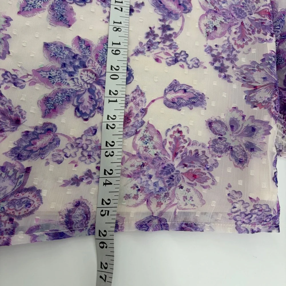 LOFT Womens‎ XL Purple Floral Smocked Neck Puff Sleeve Clip Dot Blouse Top